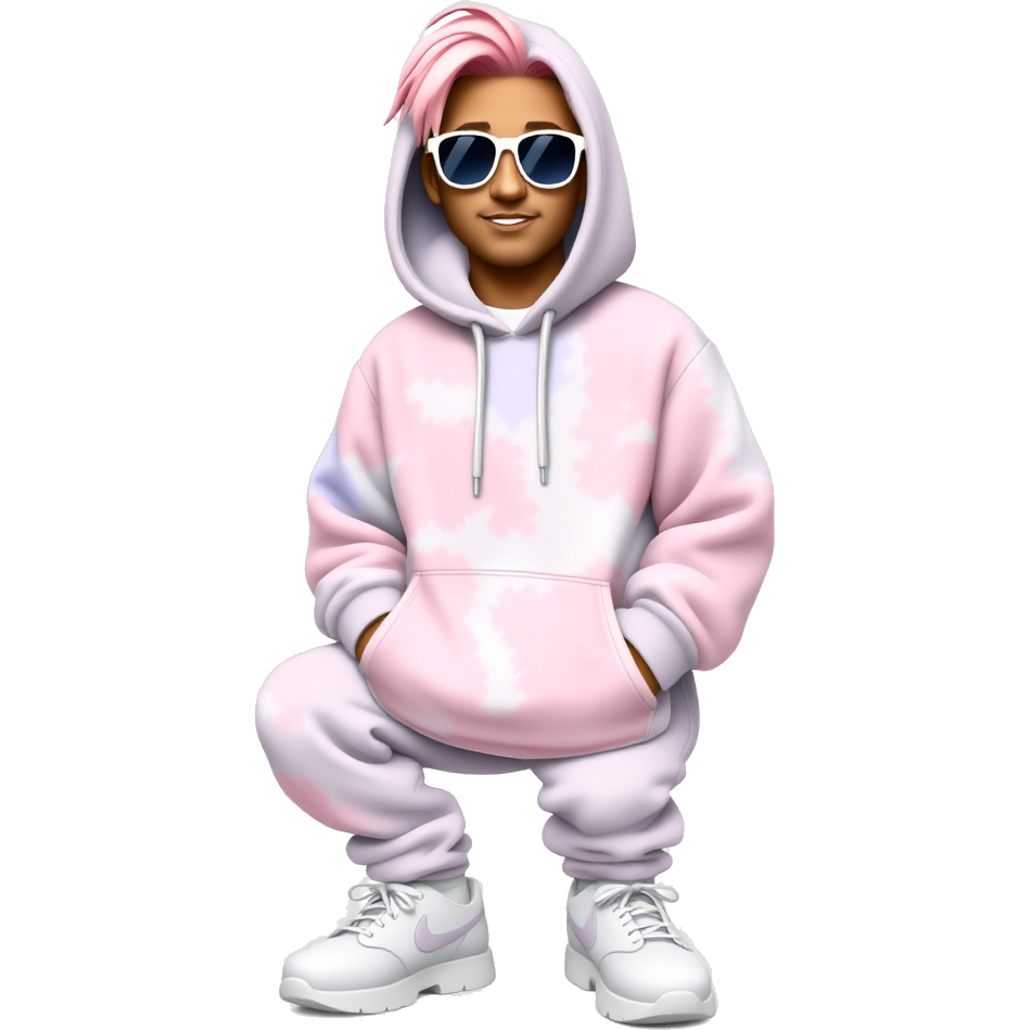 "Nick Sturniolo, adorned in a pastel tie-dye oversized hoodie with matching soft lavender pants, rocking cute, fluffy pastel cloud sneakers. His hair styled in a soft pink ombre, and accessorized with oversized pastel star-shaped sunglasses, surrounded by swirling pastel-colored hearts and sparkles."