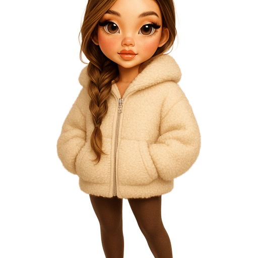 semi-realistic soft cartoon luxury glam, mini plush Bratz-doll aesthetic, cinematic glow, crisp clean detail, glossy glam skin. brown eyed skinny Petite girl, fair skin with soft freckles, wide face with tall forehead, honey-brown almond wide-set upturned eyes, fluttery lashes, shimmer highlight, plush lips, bottom heavy lip, sweet Belle-princess vibe, long straight brunette hair with visible light blonde highlights, softly defined feminine body, soft hourglass shape with full round bust, oversized long cream sherpa jacket zipped up, paired with dark brown leggings, white platform sneakers, warm honey gloss, hair in soft side-parted fishtail braid over shoulder with tendrils framing face, almond shimmer eyeshadow and subtle coral blush. Cozy romantic glow, soft warm lighting, pop-princess energy