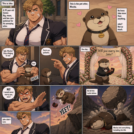 A Lifelike and Detailed Anime Comic book story about of a Bulky and Beefy and every Muscle is bigger than average and less shredded or muscular with Chunky and Bulky chest and Biceps and his defined abs ANIME Cute Bara Man American 20 year old with a ROUND and BASIC facial structure and Young Adult BARA CUTE that is Peach Toned skin not anything else MALE not to detailed With bigger than average Pecs that are visible through the shirt and Biceps but slim and Athletic Lower body that makes have a V-Tapper Lower Body and a big Bandaid on his nose and Left Cheek and Right Eye brow with Scars all over his Chest and arms. Wearing a no piercings Wearing a baggy School Uniform and tie with Blazar and Pants and yellowish Brown Hair and Bright Light Brown fluffy Hair and Strait with brown eyes and black eyebrows with a Three finger Slash on his Eyebrow. With no Facial Hair.His Pet Otter that he excessively bullies that has a Collar and has a Huge Crush on him but he doesn’t like the otter back. And the otter one day dressed up and creates a huge ceremony marry him and he says no and the otter is throw at rock and a bolder falls and he looses.