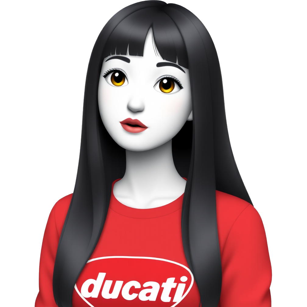 It is a girl. Her skin color is milk-white. Almost pale. Her hair is long black,straight. She also has bangs. She has pink colored lips, which is glossy. Her eyelashes are long. She wears red long sleeve tee which has 'ducati' sign on it.