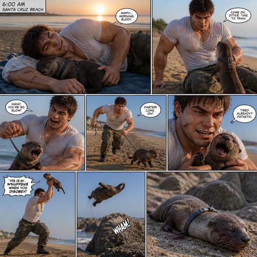 A Picture by picture Comic book story about of a Bulky Cute Bara Man American 20 year old with a ROUND and BASIC facial structure and Young Adult BARA CUTE that is Peach Toned skin not anything else MALE not to detailed With bigger than average Pecs that are visible through the shirt and Biceps and a big Bandaid on his nose and Left Cheek and Right Eye brow with Scars all over his Chest and arms. Wearing a White baggy shirt and jeans that is tight around the waist and Baggy Camo Cargo pants drenched in sweat and Short and Brown Strait Fluffy Hair and Strait with brown eyes and black eyebrows with a Three finger Slash on his Eyebrow. With no Facial Hair. Waking up in the morning at the Beach and his pet Puppy but Excessively bully’s it and the otter always runs but gets tired until the owner threw him at a rock. And the otter lays there