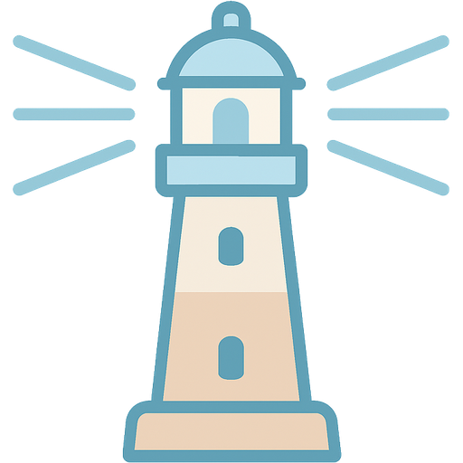 Modern lighthouse emoji. The light is shining bright on both sides. The light shining is lines. the colors are a very light and muted pastel blue and a tan color. The color scheme matches a beach.