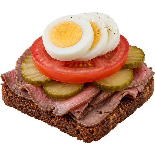 Smorrebrod with Rye Bread, Roast Beef, Dill Pickles, a Thick Slice of Tomato and a Sliced Boiled Egg