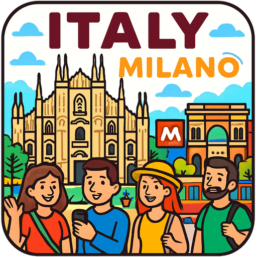 Create a sticker of Italy featuring people in Milano, with iconic landmarks like the Duomo di Milano, lively city vibe, colorful and fun cartoon style, and include the text ‘Italy Milano’ on it