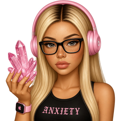 30 year old baddie with subtle full lips a slight bumpy nose slim face high cheek bones with alot of freckles across the nose almond shaped gray colored eyes lashes nose stud fair skin with freckles across nose with long straight blonde hair and dark roots parted in the middle serious and black glasses wearing a black tank top that says ANXIETY wearing pink Beats headphones holdingpink shiny crystals with pink color nails and pink Applewatch