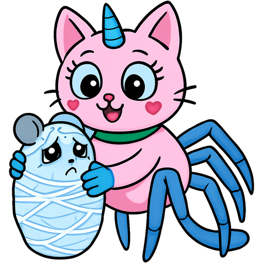 giant pink cat spider hybrid with blue unicorn horn green collar blue eyes with eyelashes heart shaped cheeks white wrists blue hands white ankles yellow feet blue tail and with white stripe happy hugging #B8FFFF cocoon slikworm cocooned pod mouse worried and teary eyes completely covered with #B8FFFF huge coating of #B8FFFF spider slik and huge #B8FFFF spider slik wrappings and huge #B8FFFF spider slik webbing wrappings cocoon #B8FFFF