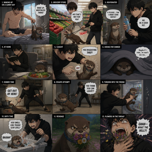 Waking up in the morning on a Sunny day and no cin pajamas and his pet otter but Excessively bully’s it and the otter has a dog collar. in the grocery store and the Otter wants a piece of produce, but he yanks the leash and the Otter coughs up Saliva and the otter asks if he can drink water from his water bottle, but he’s says no and gets dehydrated and. But They go to the house he sits down and reads a book and can see the otter trying to secretly nibbles on some vegetables he bought so he Excessively bullies him. Then later the otter sleeps and hides under his bed cover wanting to be unnoticed for dinner but it doesn’t work and the otter gets bullied while he is cooking and the otter Slowly get up. And hides under his Doggy bed after tries to escape the apartment and thrown at the fridge still holding his legs. And then the otter doesn’t have a fun time taking a bath cause he is getting bullied and he responds by getting flowers from the park from there walk in his throat