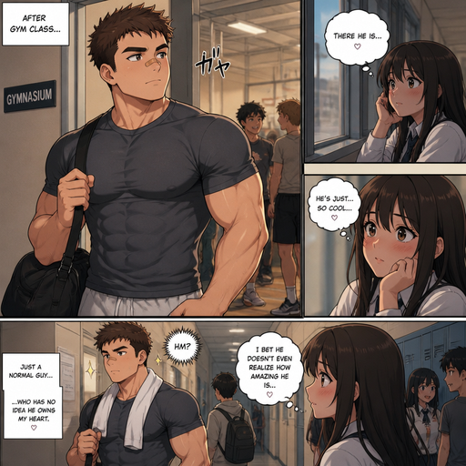An Anime Comic book story Manly and Masculine Hunky with the Perfect Physique and BIGGER in MUSCLE size than most GUYS but not to big ANIME Cute Bara Man Who looks Normal and American High schooler build and not to grown up with a round facial Structure and Basic facial structure With Puffy and Big Pecs that are visible through the shirt and Biceps and Bandaid on his nose and Short hair that makes him look Tough. Wearing a Normal Clothes. Coming form the gym with his crush watching him