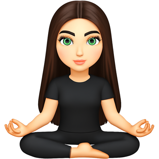 Beautiful white girl with perfect dark brown long straight amazing hair and green eyes sitting in yoga pose with black outfit (short sleeve top)