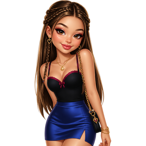 semi-realistic soft cartoon luxury glam, mini plush Bratz-doll aesthetic, cinematic glow, crisp clean detail, glossy glam skin. brown eyed Petite 5ft girl, fair skin with soft freckles, wide face with tall forehead, honey-brown almond wide-set upturned eyes, fluttery lashes, shimmer highlight, plush lips, bottom heavy lip, sweet Belle-princess vibe, long straight brunette hair with visible caramel highlights, wearing a black fitted sweetheart camisole with magenta trim, a royal-blue satin mini skirt with polished structure, gold jewelry, hair in glossy braids, makeup with rosy lids, soft liner, pink-peach blush, and a glossy rose lip, posing with sweet playful energy and a cheerful smile