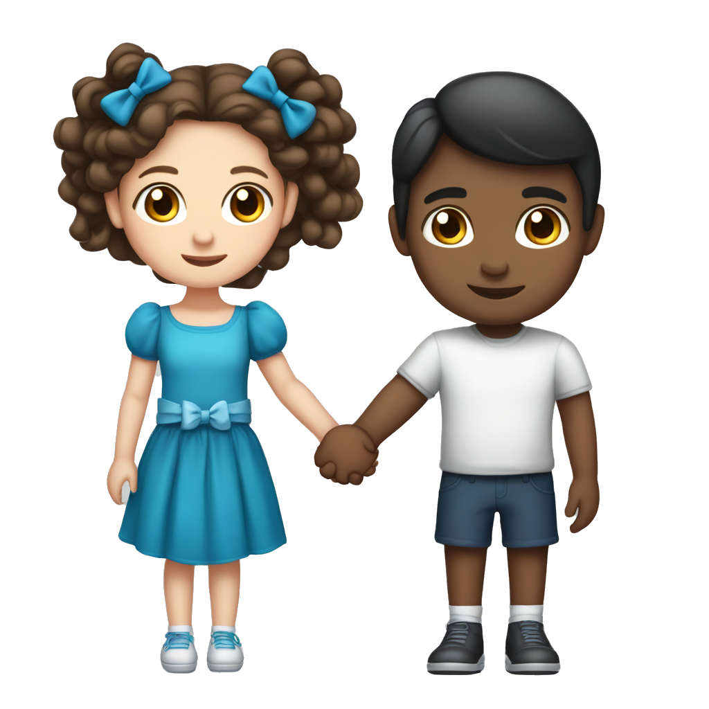 Girl with long brunette hair and blue eyes and big bow in her hair holding hands with boy with dark hair and white skin