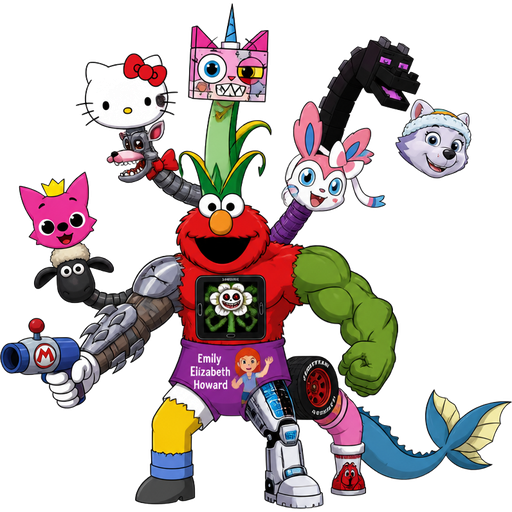 Amalgamation unikitty's head with serperior's neck with hello kitty's head with mangle's neck elmo's body with Samsung phone with omega flowey's face on it shredder tmnt left arm with left bill blaster super mario bros hand weapon hulk's right arm homer simpson's left leg teen titans go cyborg's right leg with lightning mcqueen's wheels amy rose's back left leg and vaporeon's tail with ender dragon's neck with everest's head Sylveon head spyler ( i spy tv series) emily elizabeth Howard shirt and socks (Clifford the red dog) pinkfong head shaun the sheep head