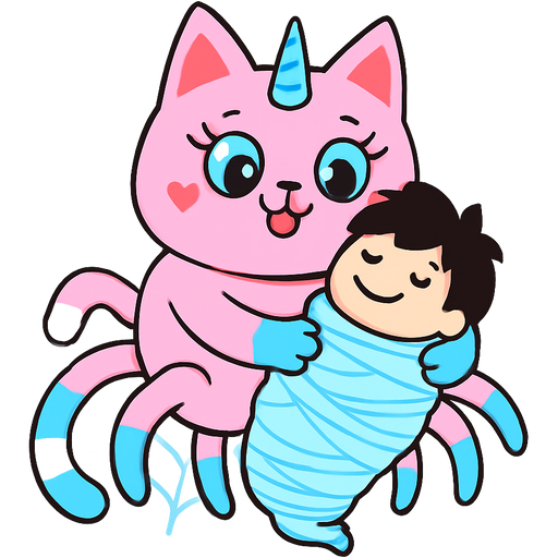 giant pink cat spider hybrid with blue unicorn horn green neck blue eyes with eyelashes heart shaped cheeks white wrists blue hands white ankles yellow feet blue and white tail happy hugging #B8FFFF slikworm cocooned pod black haired boy happy covered with #B8FFFF huge coating of #B8FFFF slik and huge #B8FFFF slik wrappings and huge #B8FFFF webbing wrappings #B8FFFF