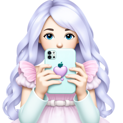 A pastel-themed beauty with shimmering lavender hair, sparkling blue eyes, and a soft pink dress adorned with fluffy clouds. She holds a mint green iPhone decorated with tiny lilac hearts, radiating a gentle glow, surrounded by pastel-colored butterflies fluttering around her. πΈπ±ππ¦