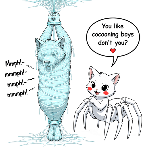 #B8FFFF mummified completely covered wolf shaped cocoon completely covered with thick coat of #B8FFFF spider slik hanging on the ceiling by wrists tied up together with #B8FFFF spider webs and ankles tied up together with #B8FFFF spider webs on the floor Mmph!-mmmph!-mmph!-mmmph! next to white cat with red cheeks white spider drider you like cocooning boys don't you?