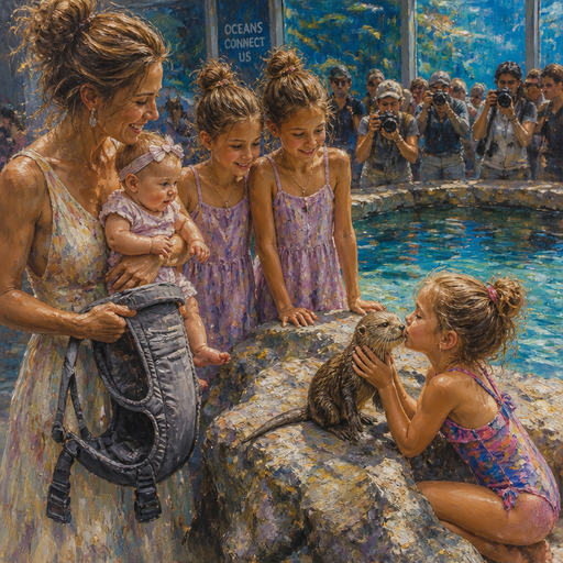 Give me a mom holding her baby and the baby carrier and the 10 year-old twin sisters are watching the five year-old sister take a picture with the baby otter and the five year old sister is wearing a swimsuit and she is kissing the baby otter and they’re at a aquarium and there’s cameras everywhere