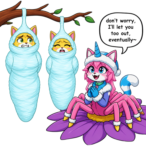 wrapped up and mummified fully covered in a #B8FFFF spider slik cocoon shaped like male anthro yellow cat anthro worried with arms behind back with #B8FFFF spider slik wrappings completely covered with thick layers non-transparent #B8FFFF spider slik wrappings hanged to the branch on the left side next to wrapped up and mummified fully covered in a #B8FFFF spider slik cocoon shaped like female anthro yellow cat girl anthro whimpering arms behind back with #B8FFFF spider slik wrappings completely covered with thick layers non-transparent #B8FFFF spider slik wrappings hanged to the branch on the the right side next to happy femboy anthro furry pink cat drider with blue and white tail white wrists blue hands white ankles yellow tips on spider legs green collar blue unicorn horn based on unikitty wearing everest's hat and clothing sitting on a purple flower don't worry, I'll let you too out, eventually~
