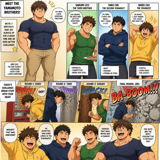 A Full Body Comic Book story view of a Bulky and hunky ANIME Cute Bara Man With Peach toned skin Who looks Normal and round facial Structure and Basic facial structure With Puffy and Big Pecs that are visible through the shirt and Biceps and Bandaid on his nose and Brown and Strait hair. Wearing normal clothes. And the comic introduces each of his 3 Cute brothers each with different personalities, who are hunky and beefy and each hunkier as they get older and each try to break stuff with there head but the oldest breaks the biggest thing and they all laugh and cheer for him