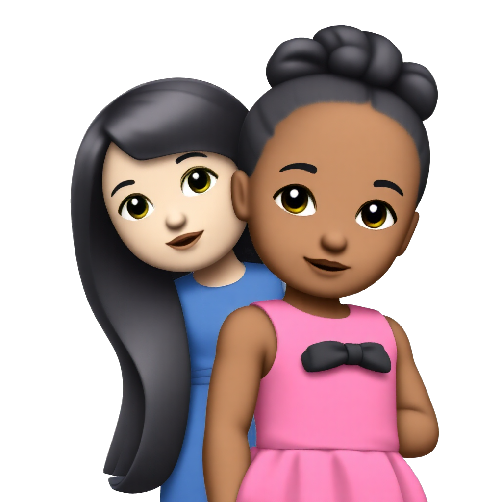 Little girls, with a pink dress black hair in a knot with Brown skintone.nd with a brown skintone a blue dress black hair in a knot
