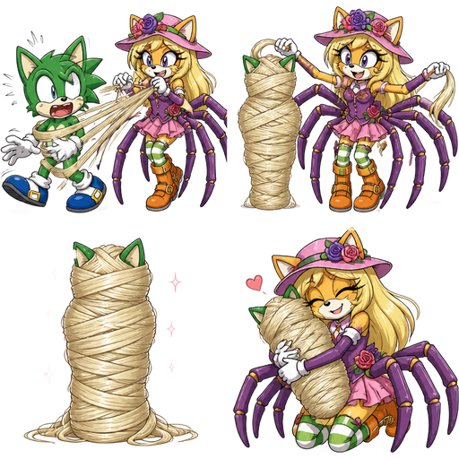 green boy cat furry getting quickly wrapped up and webbed by furry yellow cat anthro with purple eyes light blonde hair purple and pink florist hat and purple florist outfit green and white socks orange boots with buckles light pink skirt drider hybrid with its own light blonde hair webbing 2 light blonde hair mummy shaped like green boy cat furry completely covered with light blonde hair webbing then furry yellow cat anthro with purple eyes light blonde hair purple and pink florist hat and purple florist outfit green and white socks orange boots with buckles light pink skirt drider hybrid hugs the light blonde hair mummy shaped like green boy cat furry completely covered with light blonde hair webbing sonic x comic version