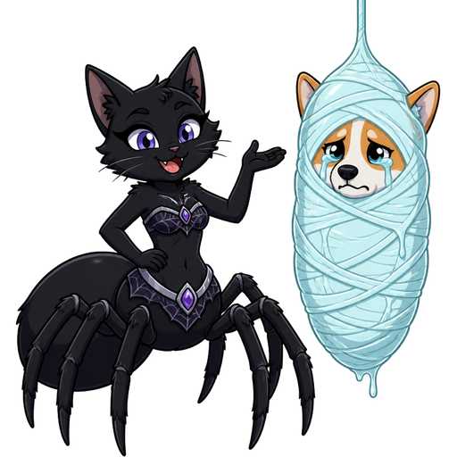 black cat drider hybrid smiling next to #B8FFFF completely covered spider cocoon mummified completely covered anthropomorphic corgi worried teary eyes with #B8FFFF spider slik wrappings completely covered hanging