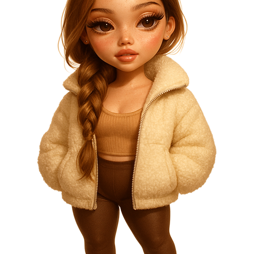 luxury glossy bratz-doll romantic aesthetic, warm cinematic glow, crisp clean detail, glossy glam skin. brown eyed Petite girl, fair skin with soft freckles, long wide face with tall forehead, honey-golden almond wide-set upturned eyes, fluttery lashes, shimmer highlight, plush lips, bottom heavy lip, sweet Belle-princess vibe, long straight brunette hair with visible light blonde highlights, softly defined feminine body, soft hourglass shape with full round bust, wearing honey beige ribbed cropped cami with soft scoop neckline, layered under oversized cream sherpa jacket zipped to the top, paired with muted chocolate high-waist leggings, black platform ankle heeled boots with pointed toes, warm honey gloss, hair in soft side-parted fishtail braid over shoulder with tendrils framing face, almond shimmer eyeshadow and subtle coral blush. Cozy romantic glow, soft warm lighting, pop-princess energy, shimmer highlight, sparkly glow