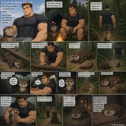 A Lifelike and Detailed book story about of a Bulky and Beefy and every Muscle is bigger than average and less shredded or mus A Lifelike and Detailed Comic book story about of a Bulky and Beefy and every Muscle is bigger than average and less shredded or muscular with Chunky and Bulky chest and Biceps and his defined abs ANIME Cute Bara Man American 20 year old with a ROUND and BASIC facial structure and Young Adult BARA CUTE that is Peach Toned skin not anything else MALE not to detailed With bigger than average Pecs that are visible through the shirt and Biceps but slim and Athletic .His Pet Otter that has a Collar and has a Huge Crush on him but he doesn’t like the otter back. And the otter one time went camping and the otter was thrown in the forest and a branch fall on him and he(the human) pushes the branch down more and the otter looses his tail and he leaves the otter in the forest. and the otter’s baby otter asks were dada in the car and he(the human) says gone the baby tries to deny it and goes into the forest but saw the Otter. Then he baby otter Is disciplined for disobeying him(the human). And the baby otter is lefts behind and the baby otter makes it the house