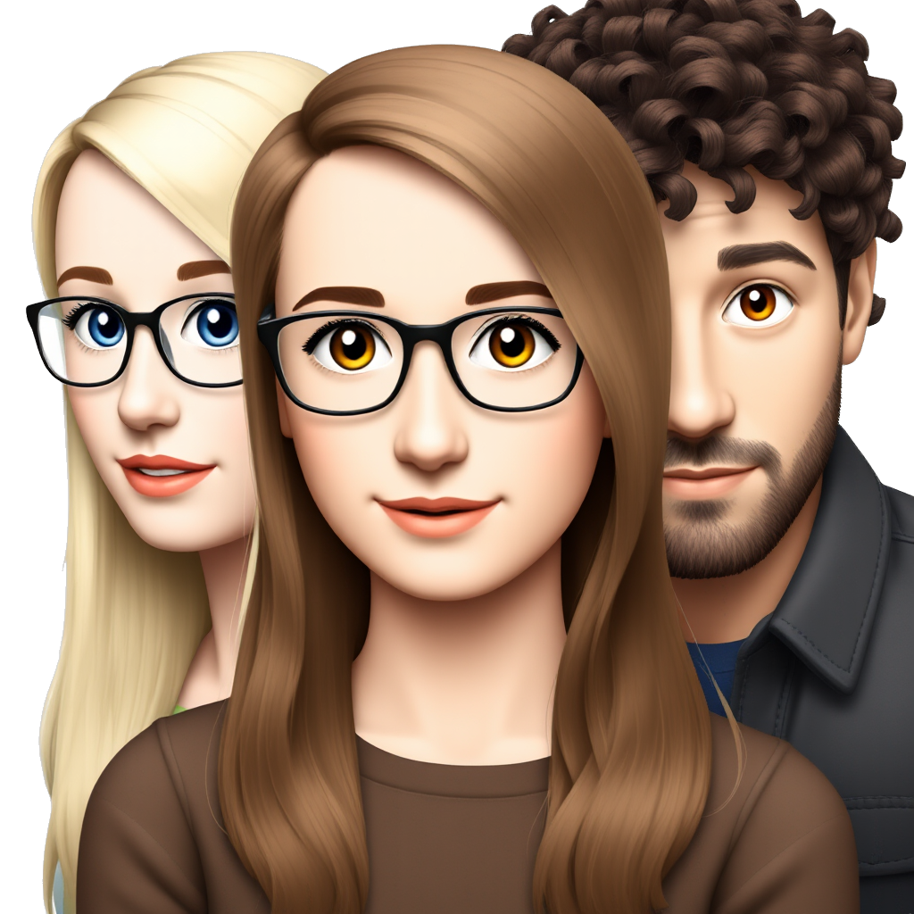 1 white girl with blonde hair with blue eyes and glasses, 1 white girl with long brown curly hair and brown eyes, with 1 young white guy with short dark brown hair and facial hair and blue eyes