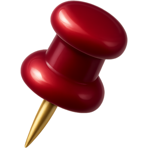 3D iOS-style emoji of pin with deep red (#6A0908) head and golden metallic needle, glossy finish, soft lighting, transparent background.