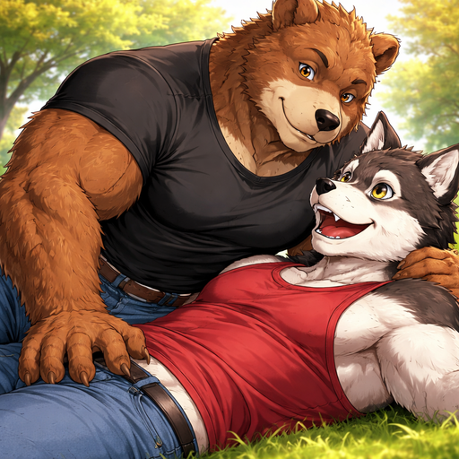 A Full BODY and FACE of a Buff and defined Muscular Body and a Bara Furry Grizzly Bear with brown eyes with a wrestler type body. Wearing a Black Shirt that is short around the waist and Jeans. Talking to his Husky Boyfriend Furry with Light Brown Eyes. Laying next to him at the Park. Leaning on top of him