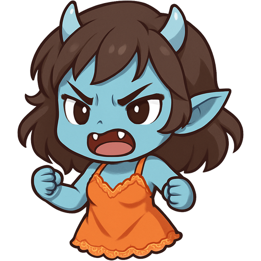 Oblique angle cute lady monster with light blue skin in a short lacy orange nightgown growling and being fierce