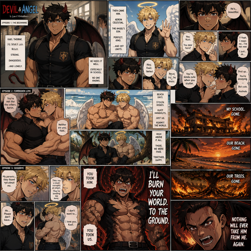 A Very Detailed ANIME COMIC BOOK of a Beefy and Bulky and Huge Beefy Pecs and Biceps and above average High schooler but Bulky and ANIME Cute Bara Big Bulky construction worker Hunk Who looks Normal 20 year old American with a round facial Structure and ROUND and BASIC facial structure and No Facial Hair With Puffy and Big Pecs that are visible through the shirt and Biceps and Bandaid on his nose and slim and thin waist Wearing a Black Bagg Chest School Uniform. And With a Tail, Horns and Devil wings and Fangs and Devilishly handsome at a School making a His male that’s exactly like him but an Angel with blond hair and Blue eyesand He flirts with crush and They Cuddle go to the beach and Hang in trees together. Then the angels has to leave cause his parents don’t want him to hang with the devil so the Devil In anger Burns everything and tears his shirt and goes savage