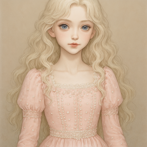 A skinny girl white light blonde hair, almost white that is wearing a long baby pink dress with many pearls and lace her hair is in curls and she has blue eyes with dark outer iris and lighter colors inside. She’s the prettiest girl on earth