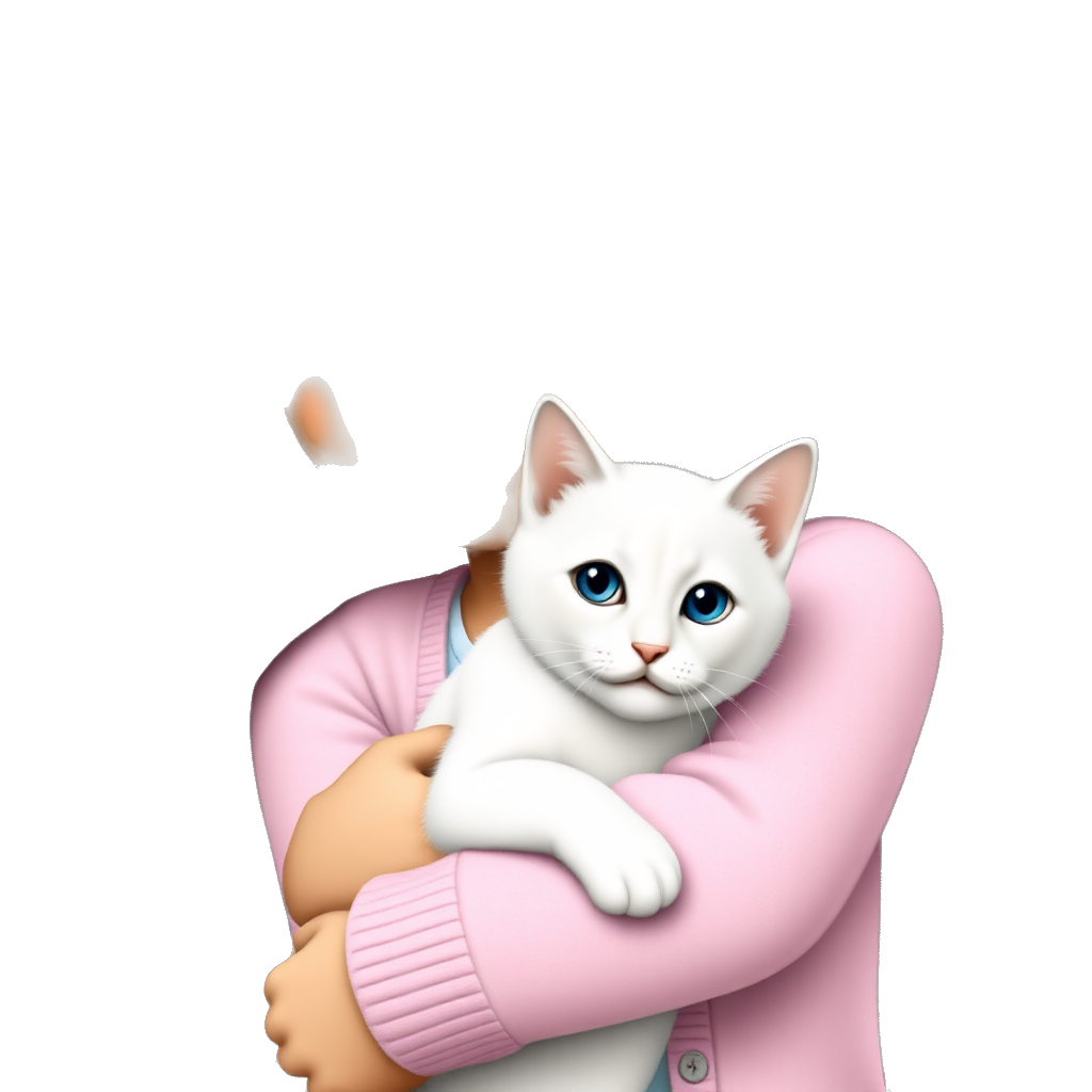 Brown girl with black hair and brown eyes wearing floral white top with pink cardigan holding white blue eyes cat