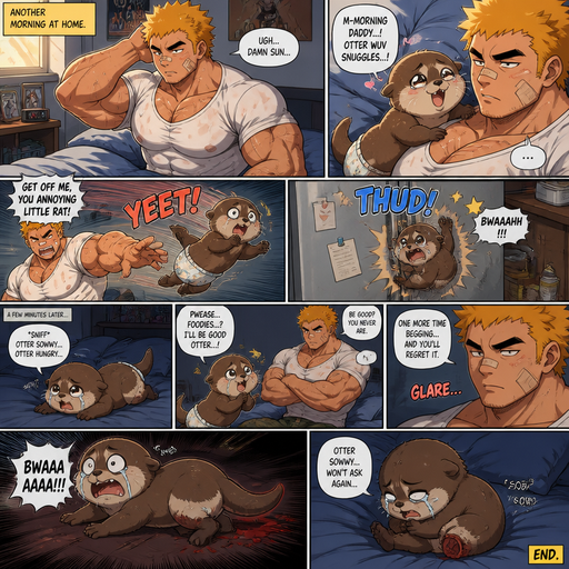 A Full page Anime Comic book story about of a Bulky ANIME Cute Bara Man American 20 year old with a ROUND and BASIC facial structure and Young Adult BARA CUTE that is Peach Toned skin not anything else MALE not to detailed With bigger than average Pecs that are visible through the shirt and Biceps and a big Bandaid on his nose and Left Cheek and Right Eye brow with Scars all over his Chest and arms. Wearing a White baggy shirt and jeans that is tight around the waist and Baggy Camo Cargo pants drenched in sweat and Short and yellowish orange Hair and Bright Gold Fluffy Hair and Strait with brown eyes and black eyebrows with a Three finger Slash on his Eyebrow. With no Facial Hair. Waking up in the morning at the Home and his pet Baby CUTE Otter who talks like a baby and the otter tries to snuggle with him but he hates the otter and the the otter gets throw at fridge and falls hard and watching him crawls back each step in his bed hungry and crying. Tries to ask for food again and gets looses his tail as a warning