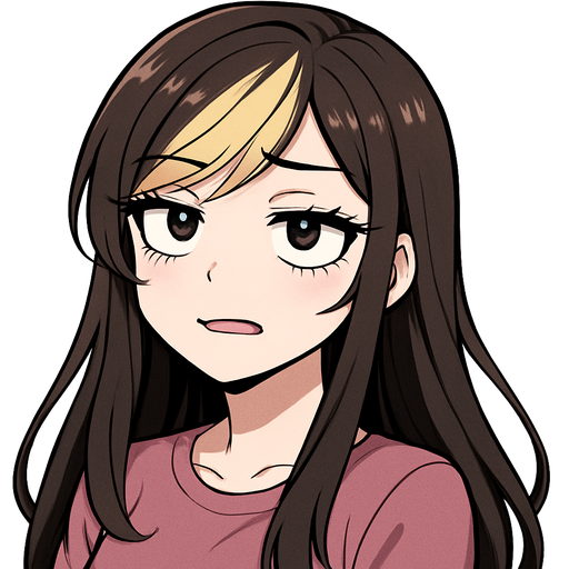 Really pretty girl with long eyelashes, super long dark brown hair with blonde side swept bangs, making a sarcastic expression with wide eyes like yeah OK