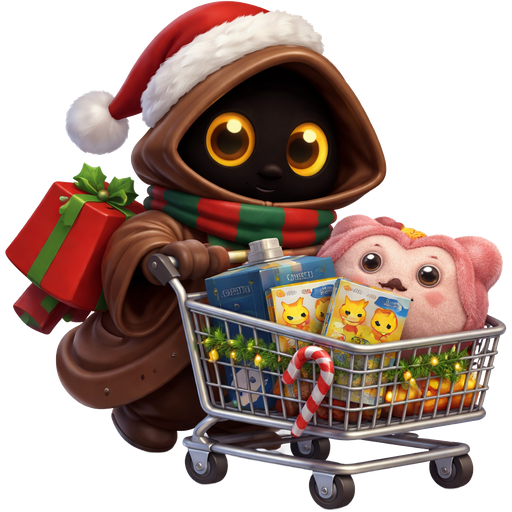 Cute Jawa goes Christmas shopping. has cologne, pokemon cards, and a fuzzy reading pillow in his shopping cart