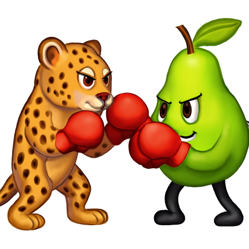 A bipedal leopard having a boxing match with a sentient pear, both intently focused on destroying each other