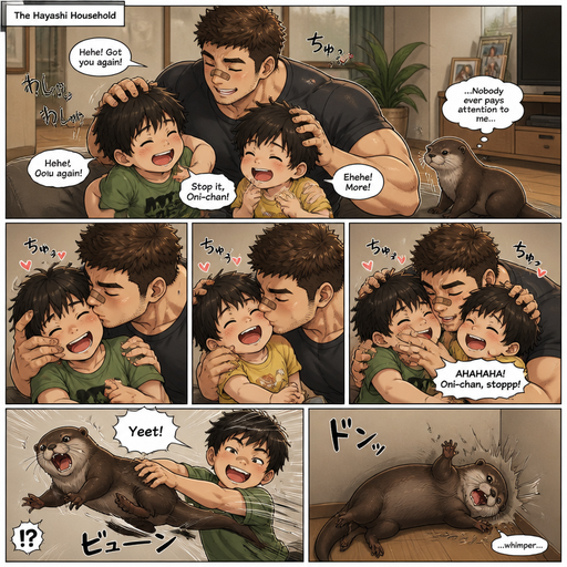 A DETAILED AND LIFELIKE ANIME Comic Book story view of a Bulky but Muscular ANIME Cute Bara Man With Peach toned skin Who looks Normal aind round facial Structure and Basic facial structure With Puffy and Big Pecs that are visible through the shirt and Biceps and Bandaid on his nose and Brown short hair that makes them look tough. Wearing normal With his pet Grown and healthy realistic otter and 2 little brothers that are in different ages but young. And he annoys the little brother’s and he kisses them all over their faces, and they laugh with joy. But the otter is left out and no one cares for him and and a brother picks him up and it flys to the wall and it layed there on its side whimpering