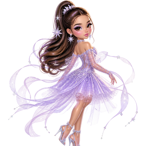 semi-realistic soft cartoon luxury glam, mini plush Bratz-doll aesthetic, cinematic glow, crisp clean detail, glossy glam skin. brown eyed Petite 5ft girl, fair skin with soft freckles, wide face with tall forehead, honey-brown almond wide-set upturned eyes, fluttery lashes, shimmer highlight, plush lips, bottom heavy lip, sweet Belle-princess vibe, long straight brunette hair with visible caramel highlights, wearing a frosted lilac crystal gown with a sheer illusion bodice, floating sleeve ribbons, a softly flared tulle skirt and starry beadwork that sparkles like moon dust, silver starburst earrings, a crystal collar necklace, rhinestone gloves and icy heels, hair in a high princess ponytail with spiral curls and crystal pins, makeup with icy lilac shimmer, cool pink blush, pearly inner corners and glossy frosted-pink lips, the ribbons float behind her like a celestial fair