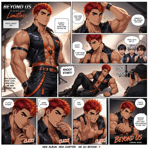 A Full page Anime Comic book story about of a masculine and Bulky ANIME Cute Bara Man. With no piercings and Wearingin a K-pop boy and outfit and Red Hair and Bright Orange Hair Tips and Strait is wearing Fluffy short Hair a brown eyes and black eyebrows. Dressed like that look as and at A Photo shoot each member taking a photo for there new album