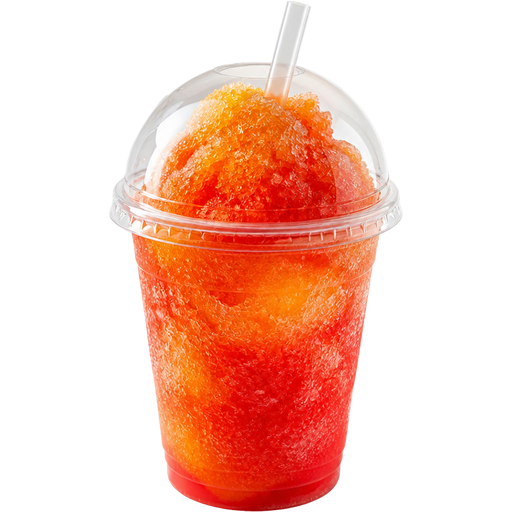 Island Sunset Rum Soft Shaved Ice Slushie in a Plastic Cup and Plastic Dome Lid with a Straw Mixed in with Extra Syrup
