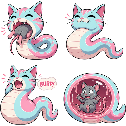 light cyan and pink cat with a long, pink and light cyan, serpentine body eats a mouse feet first light cyan and pink cat with a long, pink and light cyan, serpentine body swallows it light cyan and pink cat burps with a bulge in a long, pink and light cyan, serpentine body mouse covered with drool worried in the snake's stomach