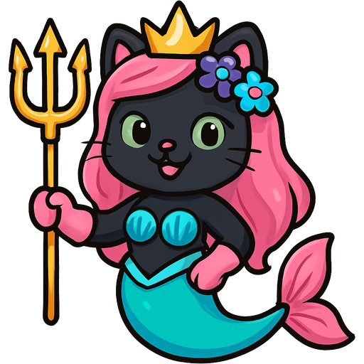 black cat smiling pink long hair golden crown purple and blue flowers green eyes light pink gloves very long cyan mermaid tail with pink fins swimsuit cyan holding a golden trident fhilslife style fan character emoji, expressive cute style