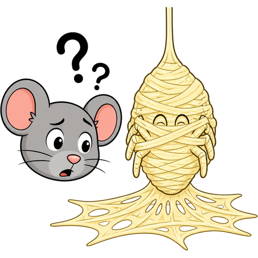 non transparent #FFF4A6 spider cocooned webbed mummified with #FFF4A6 spider slik webbings on the ground with a mouse head confused
