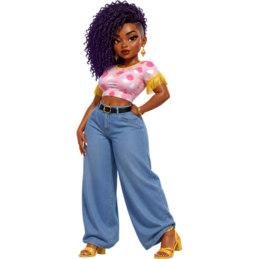 Banoffee With a Dark-Deep Warm Chestnut Skin Tone With a Heart Shaped Lip Shape with a Fox Eyelash Set Up and a Dark Red Bold Matte Lipstick Finish Look and a Upward Eyebrow Shape with a Close Set Eye Shape and a Round Face Shape with a Long Deep Purple Curly Afro-Textured Style and is Shaved on the Other Side Wearing Gold Diamond Earrings with a Pastel Pink Crop Top along with A Printed Pattern of Pink Circles and White And Blue Triangles with the Short Yellow Sleeves Being Fringed and the Shirt’s Neck-Lining Being Yellow Wearing Denim Oversized Flowy Pants With a Black Belt around the Waist and the Buckle is Gold Wearing Yellow Open Toe Ankle Strap Block Heel Sandals with a Mature Adult Curvy Toned Build and a Luminous Glazed Complexion with a 3D Naturalistic Animation and a Luxury Glossy with a Refined Pristine Set Up and a Theatrical Appearance