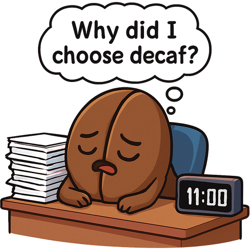 A coffee bean that's fallen asleep on his office desk, sitting in an office chair, with papers piled up on one side of the desk, and a digital clock that shows a time of 11pm, thinking "Why did I choose decaf?"