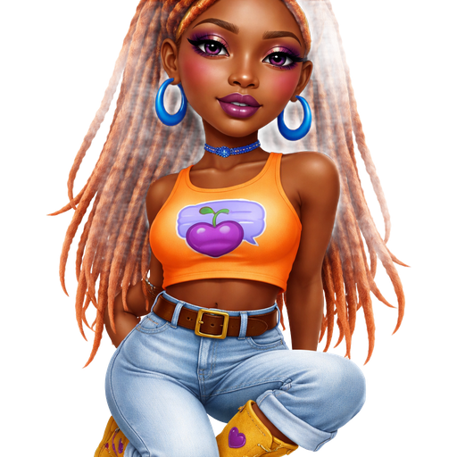 Cherry Crisp with a Dark-Deep Neutral Espresso Skin Tone with a Heavy Lower Lip Shape with a Fairy Set Eyelash Set Up with a Lost Cherry Purple Lipstick Look with a Magenta Purple Eyeshadow and a Natural Arched Eyebrow with a Protruding Eye Shape and a Triangle Face Shape Wearing Orange Long Faux Dreadlocks in a Half-Up-Half-Down Hairstyle Wearing Blue Bold Crescent Hoop Earrings Wearing a Blue Choker Necklace With a Bright Orange Cropped Top With a Print of a Purple Cherry with a Blue Speech Bubble in the Back of it with Light Blue Denim Jeans with it being rolled up at the ends Wearing Yellow Suede Laced Boots with a Printed Pattern of Two Purple Hearts on both Sides Wearing a Brown Belt With a Gold Buckle and A Mature Adult Toned Build with a Cinematic Glow and Vivid with Distinct Features and High Visual Textures In a Soft Polished Shine