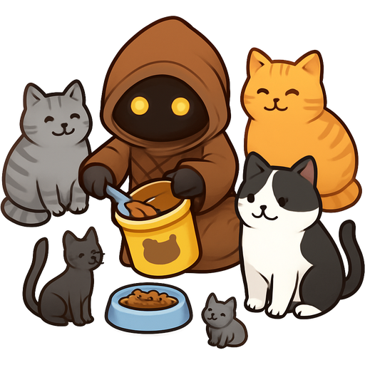 A cute Jawa is scooping cat food from a yellow bucket into a bowl of cat food. He is surrounded by a fat grey tabby cat, a fat orange cat, a large black and white cat, a skinny black cat, and a small solid gray cat