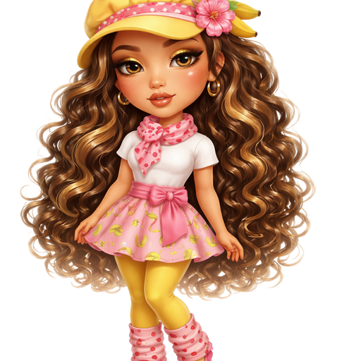 Banana Candy with a Fair-Light Warm Golden Natural Skin Tone with a Smear Lip Shape and a Dream Chaser Eyelash Set Up With a Fudge Brownie Lipstick Finish with a Soft Golden Yellow Eyeshadow Look with a Upward Eyebrow Shape and Close Set Eyes along with a Oval Face Shape and Wearing a Yellow Cap Hat with a Pink Ribbon and Red Polka Dots in the Middle and a Banana on the Left Side and a Pink Flower Clip on Top of it With Long Tight Curly Brown with Blonde Highlights Wearing a White T-Shirt and Pink Tie Around Her Waist With a Pink Skirt and a Banana Pattern Print going across it also Furthering that She is Wearing a Pink Scarf With Red Polka Dots and with Yellow Yoga Pants and Short Pink Sock Warmers with Red Polka Dots and Pink Flats with Yellow Bows on the Top Adding a Mature Adult Toned Build and Luxury Glossy